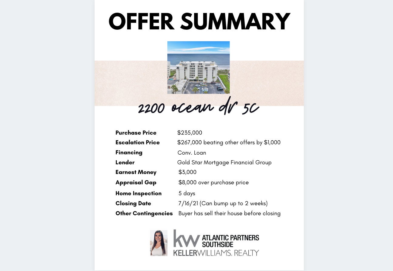 Real Estate Offer Summary Template Design Realtor Templates Real Estate