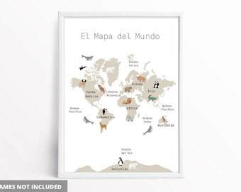 May include: A printable world map with a beige background and illustrations of animals on each continent. The title is "El Mapa del Mundo" in Spanish, which translates to "The Map of the World".