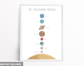 May include: A white framed print with the title "El Sistema Solar" and illustrations of the planets in our solar system. The planets are labeled in Spanish: Neptuno, Urano, Saturno, Jupiter, Marte, Tierra, Venus, Mercurio.