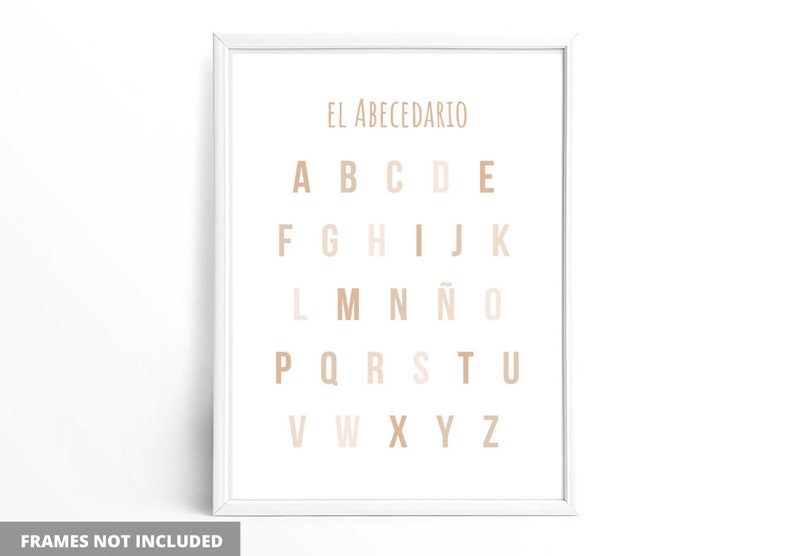 May include: A white framed print with the Spanish alphabet in brown and beige letters. The title "El Abecedario" is at the top of the print.