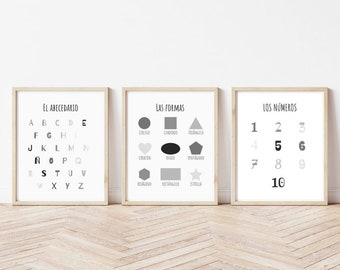 May include: Three black and white framed posters with educational content for children. The first poster shows the Spanish alphabet, the second poster shows basic shapes with their names in Spanish, and the third poster shows numbers 1 through 10 in Spanish.