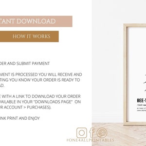 May include: A printable digital download of a black and white illustration of a beetle with the word "BEE-TLE" and its definition. The text reads: "an insect of an order distinguished by having typically hardened forewings that cover and protect the hind wings as cases"