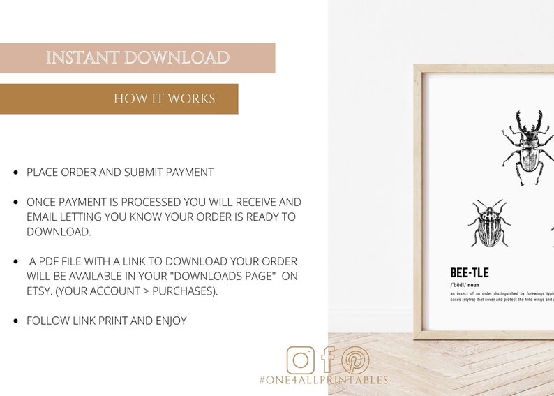 May include: A printable digital download of a black and white illustration of a beetle with the word "BEE-TLE" and its definition. The text reads: "an insect of an order distinguished by having typically hardened forewings that cover and protect the hind wings as cases"