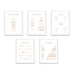 May include: Set of 6 printable posters in a minimalist style with white frames and beige text. The posters feature Spanish words for days of the week, months of the year, weather, the alphabet, and numbers 1-10.