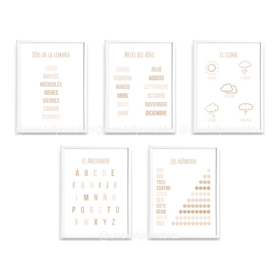 Spanish Learning Bundle Set of 5, Homeschool Art, Educational Prints, Classroom Decor, Preschool, Spanish Printables, Kids Room Decor