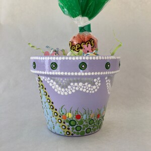 Ostern, stilisiert, Dot Art, handbemalt, Terrakotta-Topf, Tontopf, Unikat, Bunt, Pflanzer, koordinierende leere Notizkarte