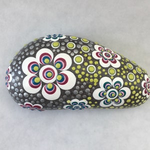 Natural Stone, Dotted, Dot Art, Hand Painted, One-of-a-Kind, Dot-on-Dot, Floral, Flower, Stylized, Whimsical