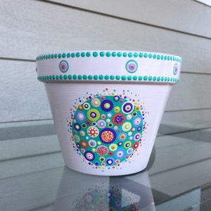 Stilizzato, Dot Art, Dipinto a mano, Vaso in terracotta, Vaso in terracotta, Punteggiato, Unico nel suo genere, Unico, Colorato, Fioriera, Biglietto vuoto coordinato