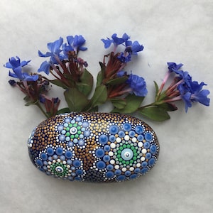 Natural Stone, Hand Painted, Dotted, Dot Art, Dot-on-Dot, Stylized, Flower, Floral, Whimsical, Colorful
