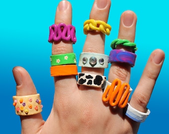 Set clay rings chunky clay rings, polymer clay rings, indie clay rings, aesthetic rings, funky colourful personalised rings, fimo rings y2k