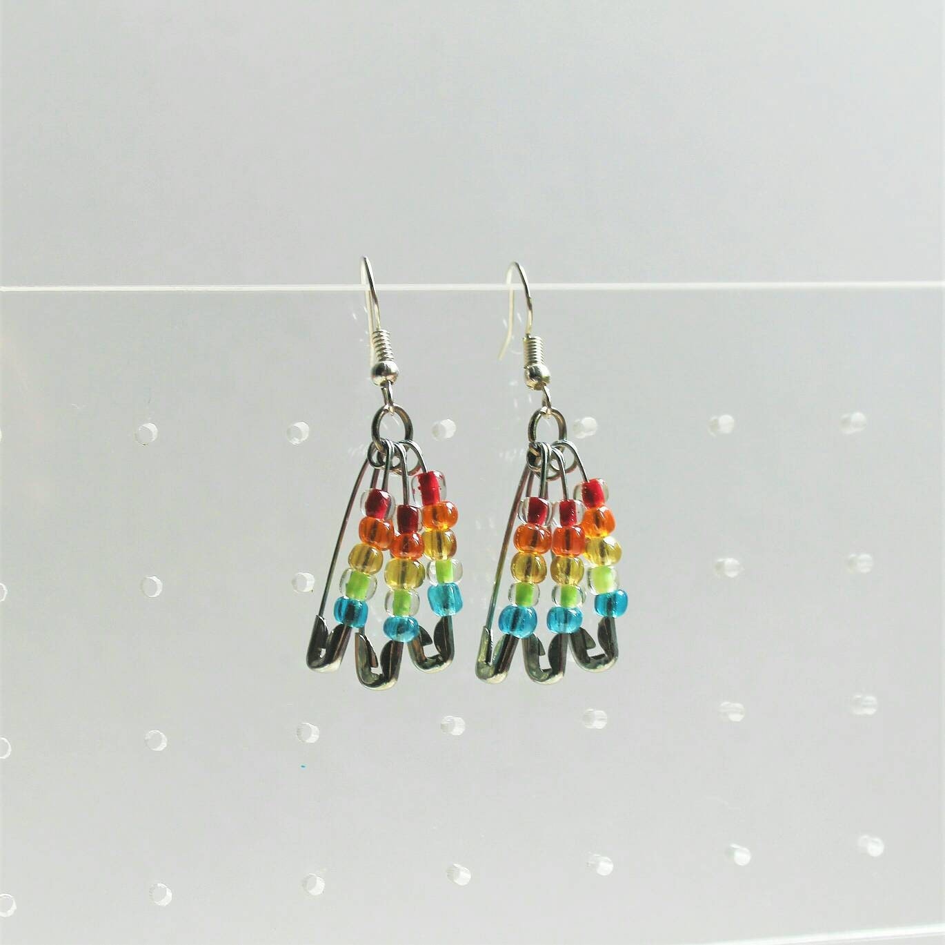 Safety Pin Earrings Silver Saftey Pin Drop Earrings Rainbow Etsy