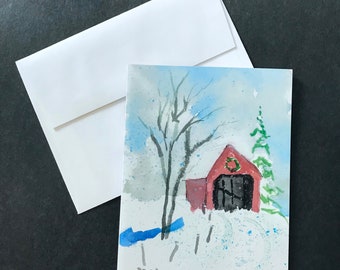 Snowy Covered Bridge Country Christmas Card : Hand Painted Watercolor Greeting Card