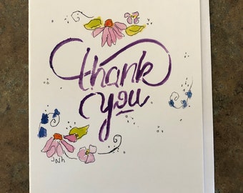 Thank You Card : Cat and Robin Floral Hand Painted Watercolor Greeting ...