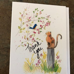 Dankeskarte: Katze und Rotkehlchen Blumen Handgemalte Aquarell Grußkarte