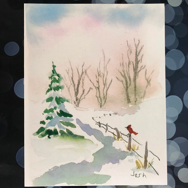 Countryside Christmas Card : Hand Painted Snow Scene Watercolor Greeting Card
