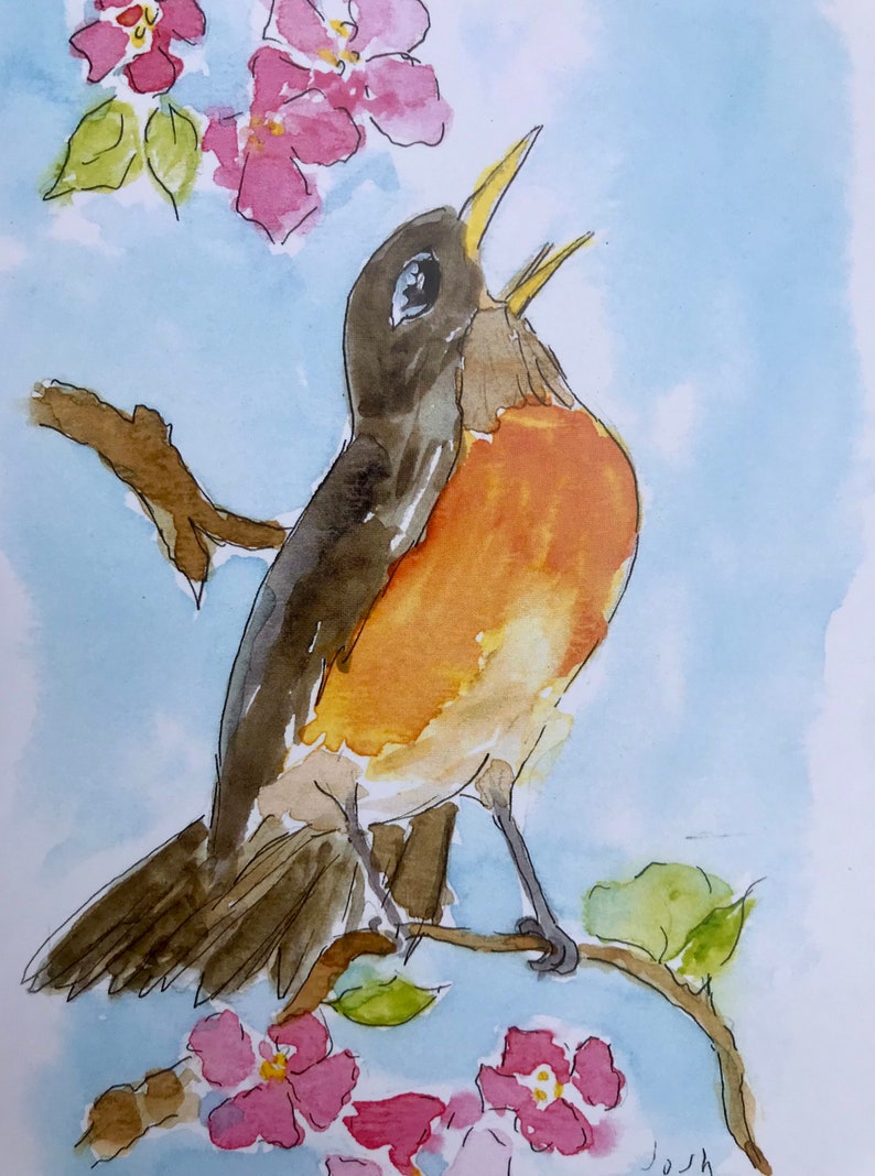 Hand Painted Robin Card: Floral Watercolor Greeting Card - Etsy