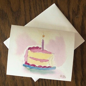 Happy Birthday Card : Hand Painted Watercolor Slice of Birthday Cake Greeting Card