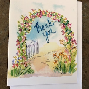 Dankeskarte: Blumengartentor-handgemalte Aquarell-Grußkarte