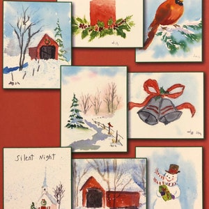 8 Christmas Cards : Hand Painted Watercolor Variety Pack Holiday Cards