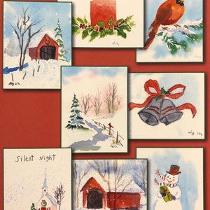 8 tarjetas navideñas: paquete variado de tarjetas navideñas pintadas a mano con acuarela