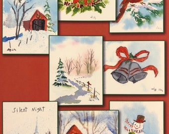 8 Christmas Cards : Hand Painted Watercolor Variety Pack Holiday Cards