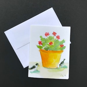 Fleurs et oiseaux en pot à l'aquarelle : carte de voeux polyvalente peinte à la main