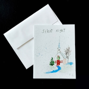 Silent Night Christmas Card : Hand Painted Snowy Church Watercolor Greeting Card