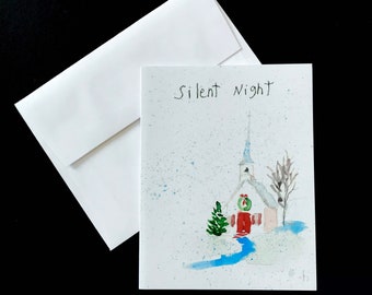 Silent Night Christmas Card : Hand Painted Snowy Church Watercolor Greeting Card