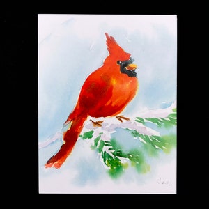 Snowy Winter Cardinal : carte de Noël peinte à la main aquarelle