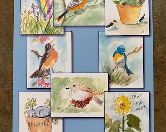 Conjunto de Cartões Aquarelados com Pássaros e Flores: 8 Cartões de Felicitações Feitos à Mão