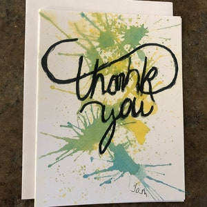 Tarjeta de agradecimiento: Tarjeta de felicitación pintada a mano con acuarela abstracta y salpicaduras de pintura