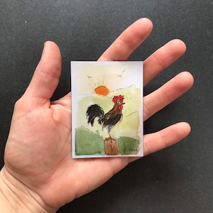 鶏の日の出冷蔵庫マグネット | 水彩画の農場風景画