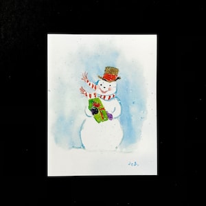 Kerstkaart sneeuwpop: handgeschilderde aquarel wenskaart