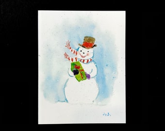 Snowman Christmas Card : Hand Painted Watercolor Greeting Card