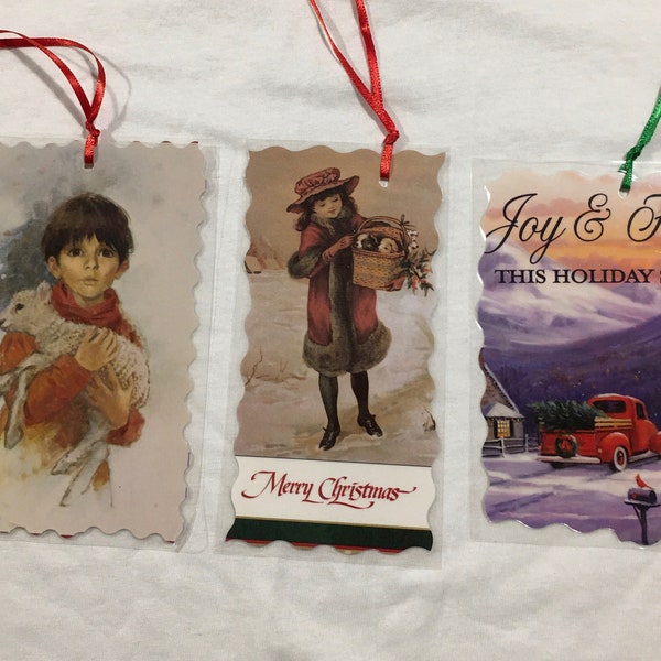 Christmas Recycled Bookmark : Handmade Laminated Bookmark with Ribbon from Greeting Cards