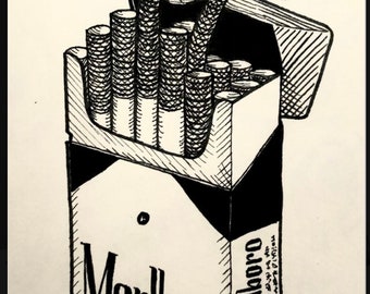 May include: A black and white ink illustration of an open cigarette pack labeled Marlboro. Two mushrooms with cross-hatched caps and textured stalks emerge from the top of the pack, replacing some of the cigarettes. The drawing uses line shading.