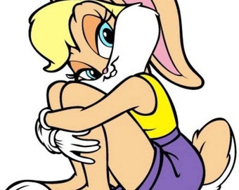 May include: A cartoon illustration of a tan rabbit character with long ears, blonde hair, and blue eyes. The character wears a yellow sleeveless top, purple shorts, and white gloves, sitting in a curled position with arms wrapped around the knees.