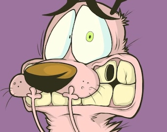May include: A cartoon illustration of a small, pink, anxious dog with large, wide eyes, long ears, and a prominent snout. The dog has a dark brown nose, large teeth, and a black spot on its side, set against a solid purple background.