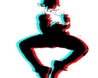May include: A silhouette of a person jumping in mid-air, rendered with a distinct red and cyan chromatic aberration effect that creates a 3D-like visual shift. The figure is depicted in a dynamic pose with legs tucked and arms bent.