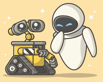 May include: A yellow and grey robot with binocular-style eyes and tread tracks stands next to a smooth, white, oval-shaped robot with a black face screen and blue glowing eyes. Both characters are depicted in a flat, cartoon-style illustration.