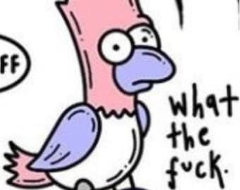 May include: A cartoon illustration of a bird with a pink, flat-topped head, large white eyes, and a light purple beak. The bird has light purple wings, a pink tail, and light purple feet. The text "what the fuck." is printed in black next to it.