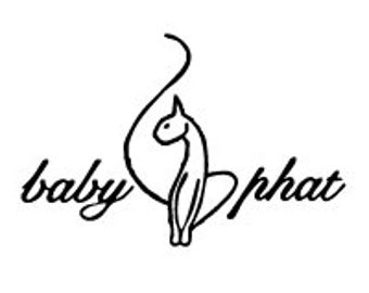May include: A black graphic logo featuring a stylized cat silhouette standing upright with a long, curved tail. The text baby phat is written in a cursive, italicized font, with the word baby on the left and phat on the right of the cat.