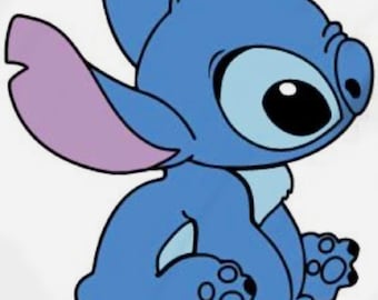May include: A blue cartoon creature with large ears, a light blue chest patch, and dark blue claws on its feet. The character is depicted in a seated position, facing to the right with a large head, prominent nose, and black eyes.