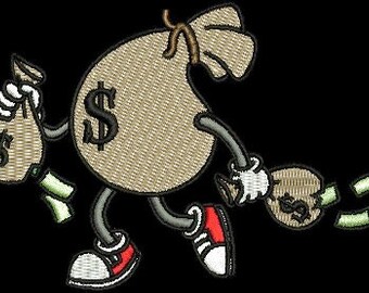 May include: An embroidered patch featuring a tan money bag character with a dollar sign, wearing red and white sneakers. The character holds two smaller money bags, with green paper currency bills falling out of the bags on both sides.