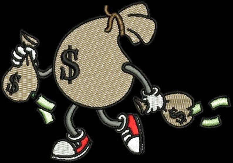 May include: An embroidered patch featuring a tan money bag character with a dollar sign, wearing red and white sneakers. The character holds two smaller money bags, with green paper currency bills falling out of the bags on both sides.