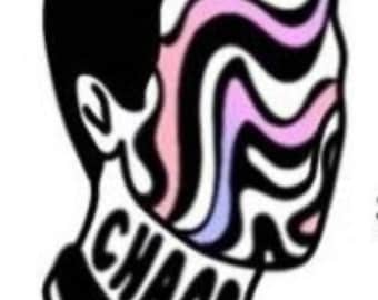 May include: A graphic illustration of a human head in profile with black hair. The face is replaced by wavy, vertical lines in shades of pink, blue, and white. The neck area features the word CHAOS in bold, black, capital letters on a white background.