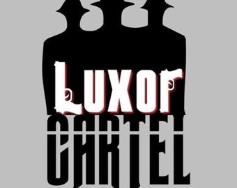 May include: A graphic design on a light gray background featuring three black silhouettes of figures wearing fedora hats. Below the silhouettes, the text LUXOR CARTEL is displayed in a bold, stylized font with white and red accents.