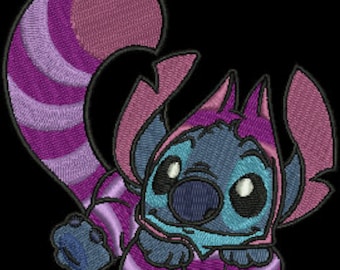 May include: An embroidered patch featuring a blue creature with large ears wearing a purple and pink striped hood and a matching long, curved, striped tail. The design uses dense thread work with black outlines against a solid black background.