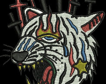 May include: An embroidered patch featuring a white tiger head with an open mouth, sharp yellow teeth, and a blue eye. The tiger has red, blue, and yellow accents, including a star. Behind the tiger are several black crosses on a black background.