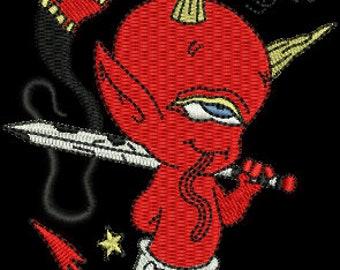 May include: An embroidered patch featuring a red devil character with a single horn, wearing a white diaper, and holding a long sword over its shoulder. A black ghost-like figure with yellow eyes floats above, surrounded by small yellow stars.